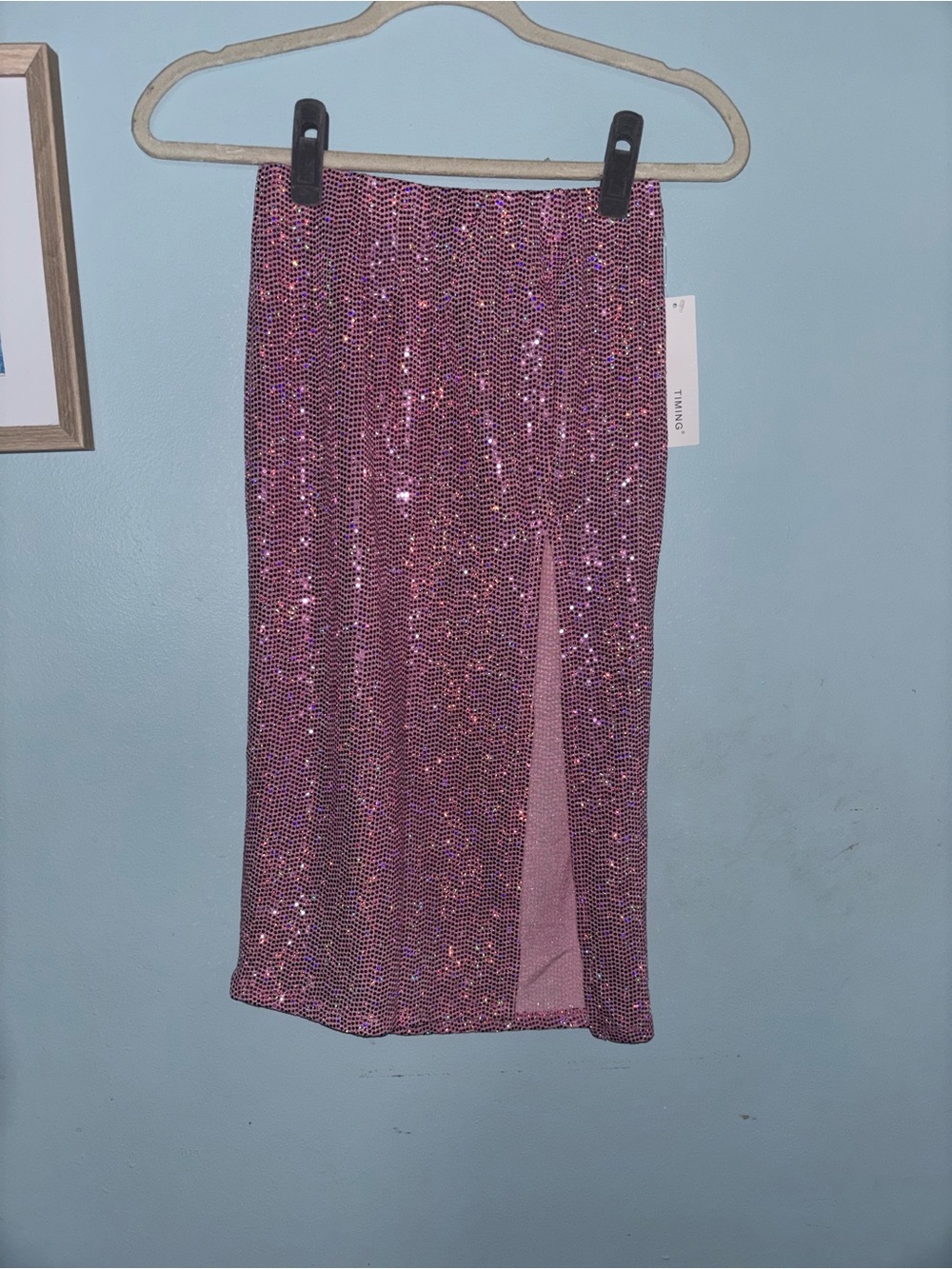 Timing Pink Sequin Midi Skirt with Side Slit